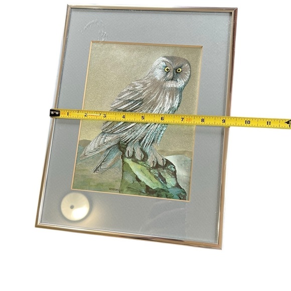 Vintage 70s Silver Framed Metallic Owl Art Framed Owl Print Holographic Image - Picture 6 of 9